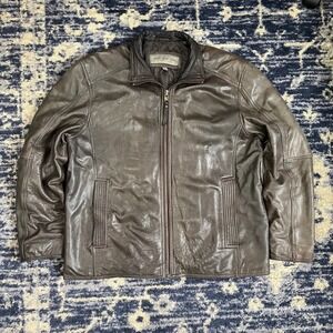 Marc New York Andrew Marc Brown Leather Jacket Mens Large Quilted Lining Zip Up